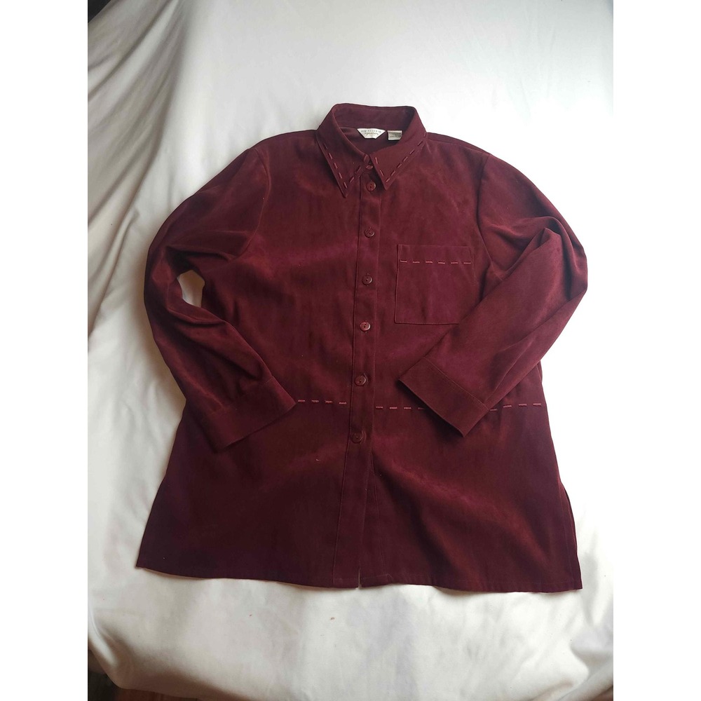 Kim Rogers Signature Petite Burgundy Faux Suede Whipstitch Button Front Shirt S